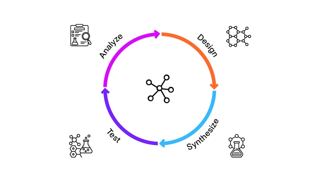 Lead optimization cycle for drug discovery has four distinct phases: Design, Synthesize, Test and Analyze.